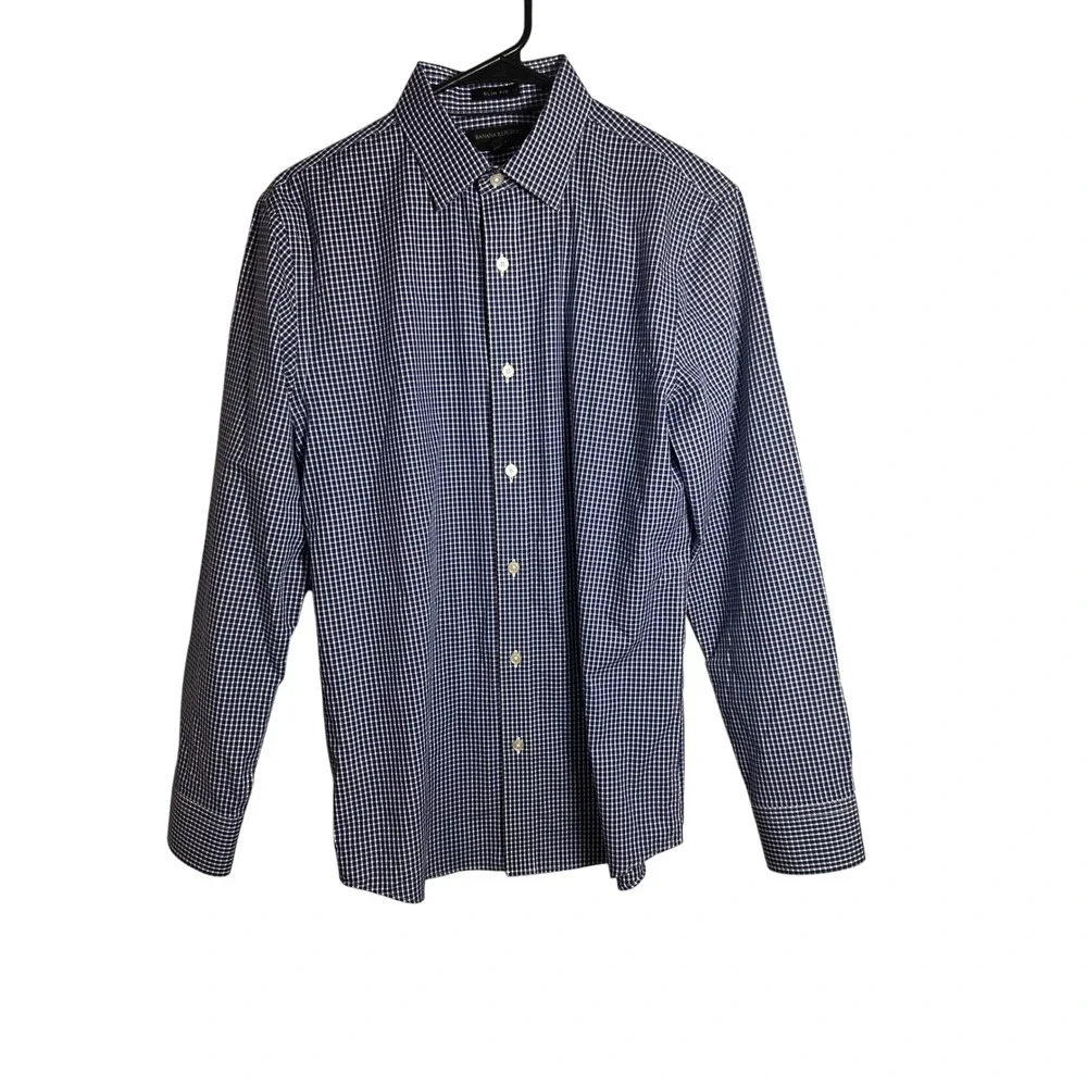 Banana Republic Mens Slim Fit Non-Iron Gingham Dress Shirt Blue‎ White Small S